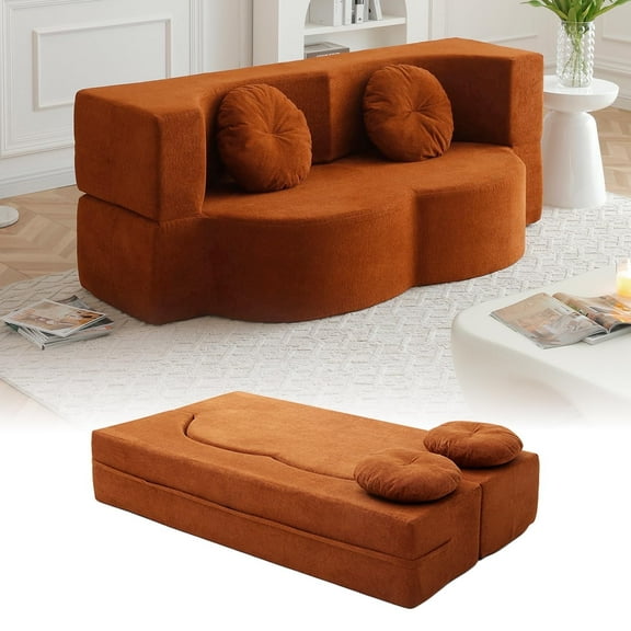 CKEASEAN 76" Convertible Folding Sofa Bed, Queen Sleeper Sofa with Pillow, Modern Teddy Fabric Floor & Futon Loveseat Couch, Foam Folding Mattress Sleeper for Living Room