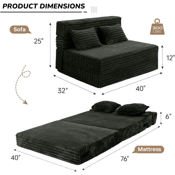 Folding Sofa Bed Twin Convertible Sleeper Chair with Pillow High-Density Futon for Bedroom Living Dorm