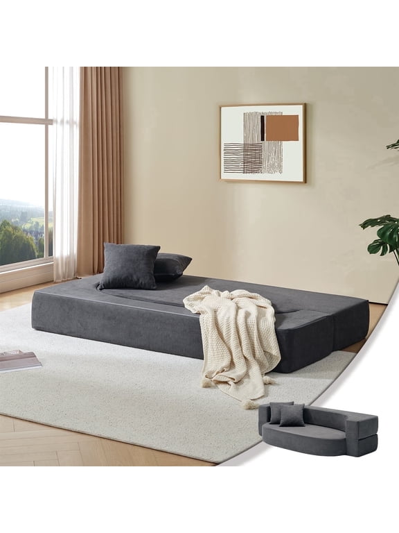 Folding Sofa Bed, 10 inch Convertible Memory Foam Couch with 2 Pillows & Washable Cover Fold Out 2-in-1 Futon Sofa Sleeper Chair Mattress, Twin Size, Dark Gray