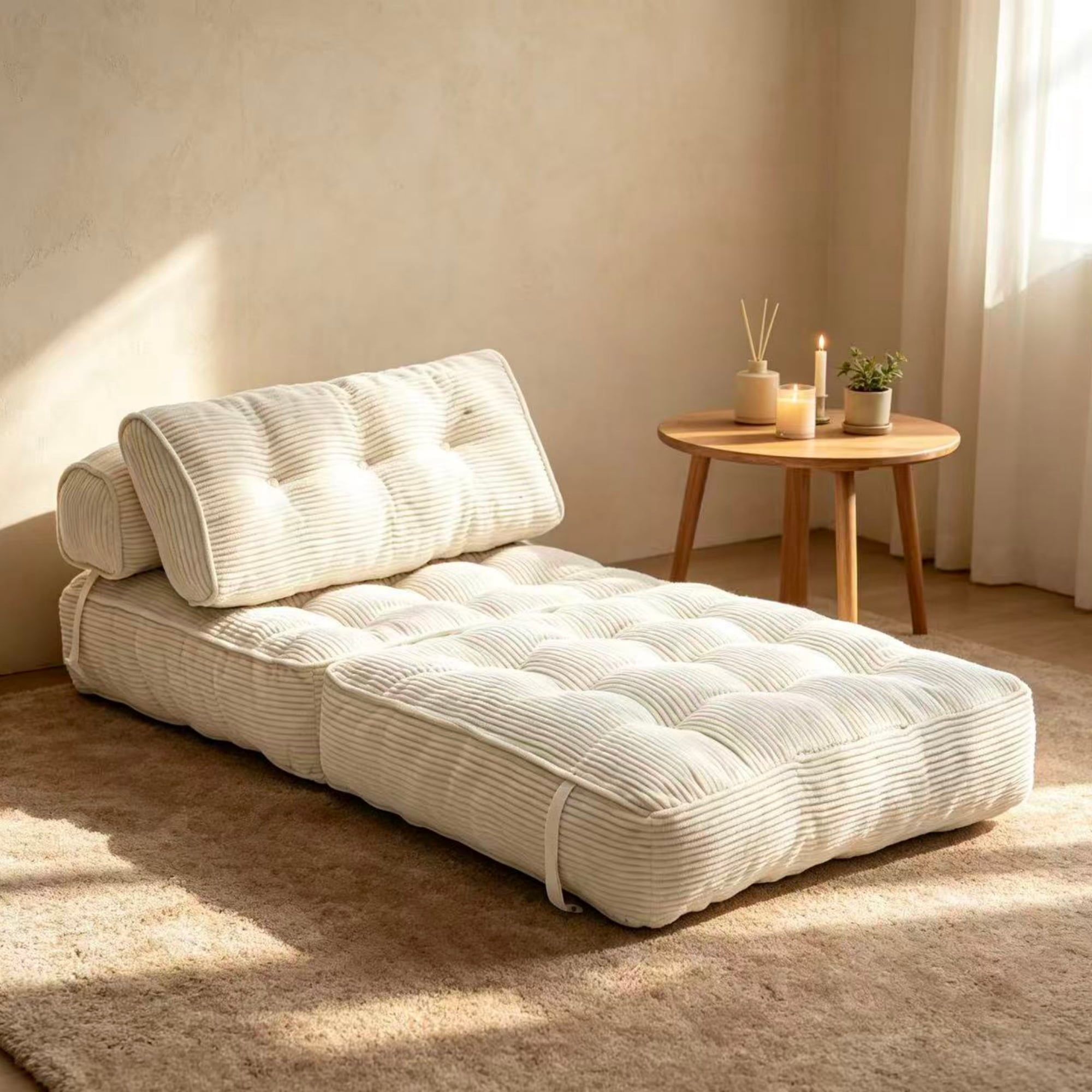 Folding Sofa Bed with Back Support and Pillow, Convertible Sleeper Chair and Fold Out Floor Sofa for Living Room Bedroom, Beige
