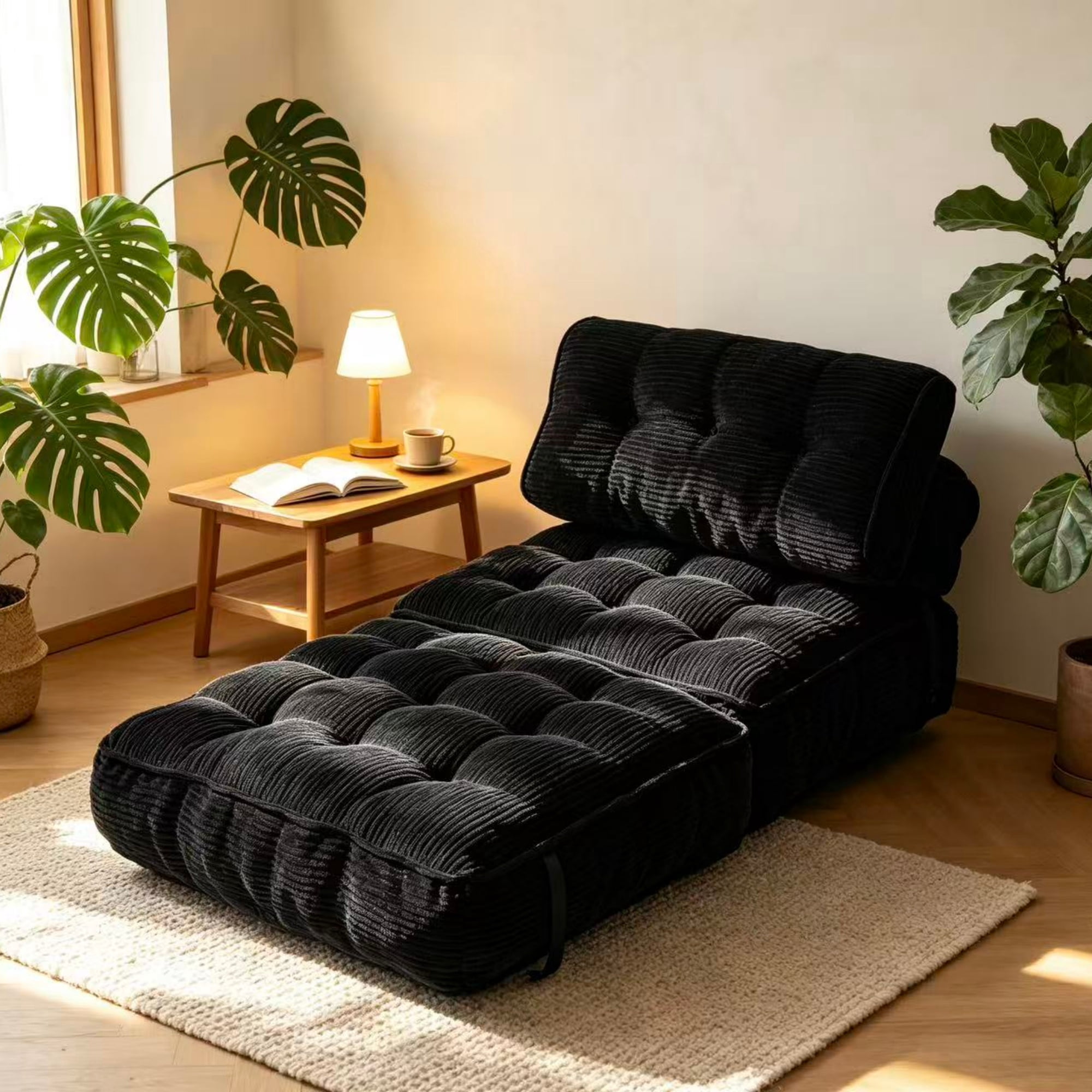 Folding Sofa Bed with Back Support and Pillow, Convertible Sleeper Chair and Fold Out Floor Sofa for Living Room Bedroom, Black
