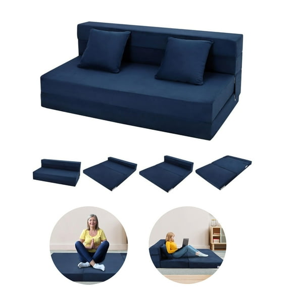 Folding Sofa Mattress, Convertible Sofa Bed with Pillow, Foldable Memory Foam Sleeper Chair for Living Room, Linen Fabric Futon Floor Couch Guest Bed, Queen Size