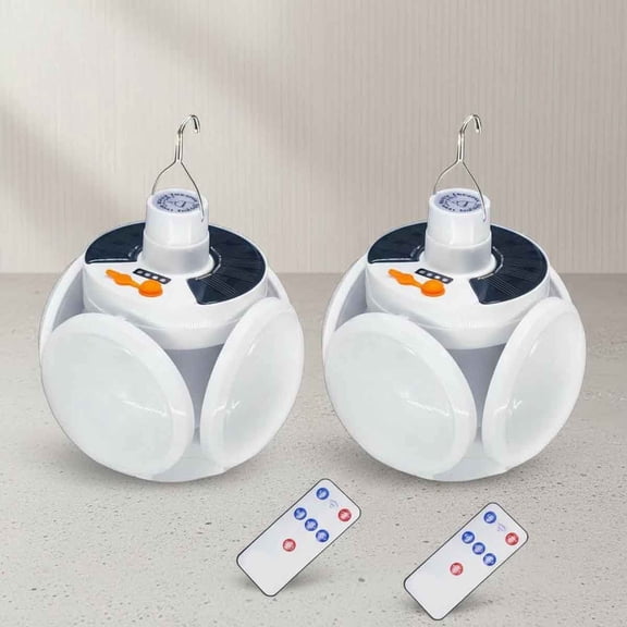 Folding Solar Camping Lights Rechargeable Lantern Waterproof Hanging Tent Hook Lamp Remote Control LED USB Foldable Portable for Home Indoor Outdoor Emergency Power Outage 2 Pack