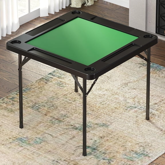 Folding Square Card Table 35.4", Green Felt Game Table with Chip Trays & Cup Holders, Portable 4-Player Table for Mahjong, Poker, Domino & Card Games, Black