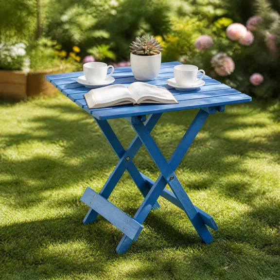 Folding Square Table 20", Solid Wood Outdoor Side Table for Patio Backyard Balcony, Portable Space-Saving Small Table, No Assembly Needed, Blue