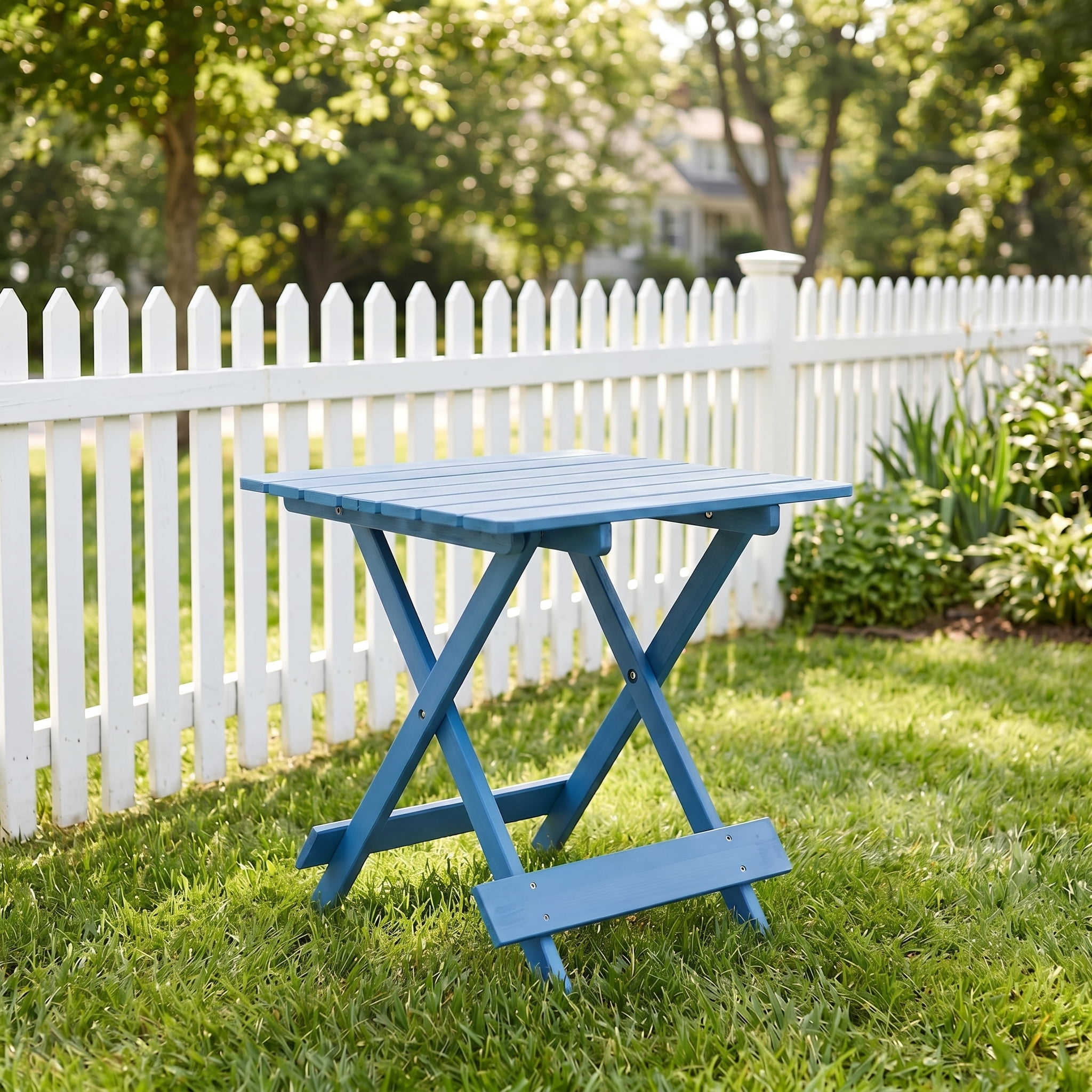 Folding Square Table, Solid Wood Portable Space Saving Outdoor Table for Backyard Balcony Garden Camping Party, Blue