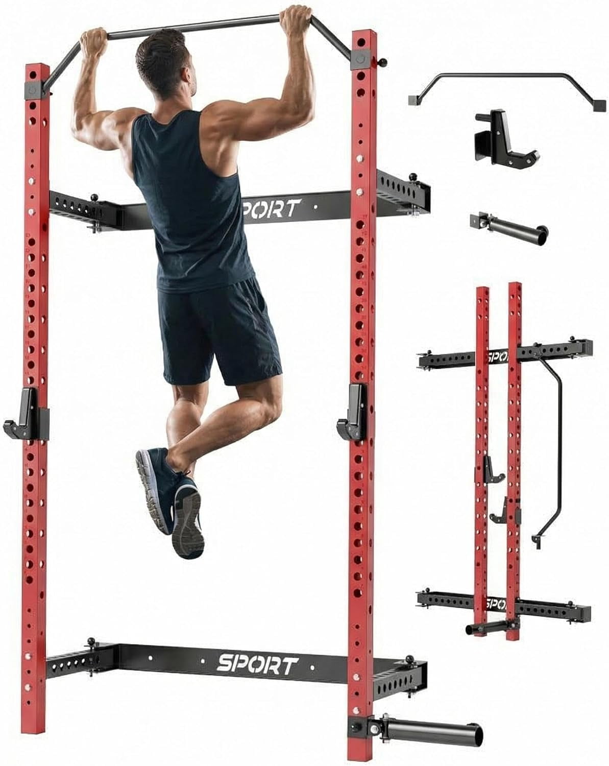 Folding Squat Rack for Home Gym, 1000 LBS Capacity Wall Mounted Squat Rack with Pull Up Bar, j Hooks, and 360° Landmine, 2.36" x 2.36" Foldable Squat Rack, Space-Saving Home Gym