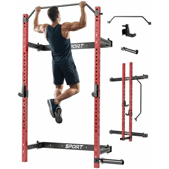 Folding Squat Rack for Home Gym, 1000 LBS Capacity Wall Mounted Squat Rack with Pull Up Bar, j Hooks, and 360° Landmine, 2.36" x 2.36" Foldable Squat Rack, Space-Saving Home Gym