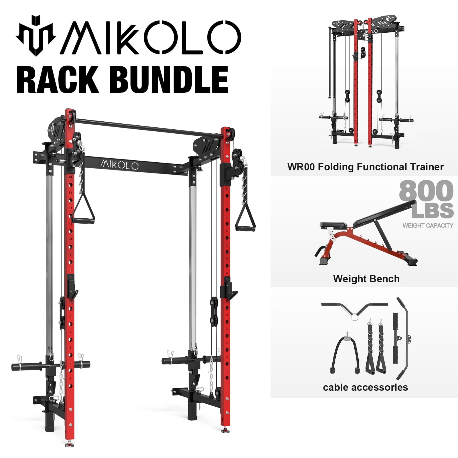 Mikolo Folding Squat Rack, Wall Mounted Power Rack with Cable Crossover Machine & LAT Pull Down