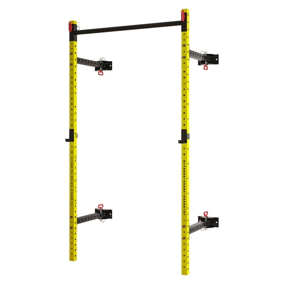 Folding Squat Rack w/ Pull Up Bar - Wall Mount, Adjustable, 1000lb Capacity - Yellow Home Gym Power Rack