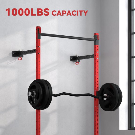 Folding Squat Rack with Pull Up Bar 1000 Lbs Capacity Power Rack for Home Gym Space Saving Steel Red