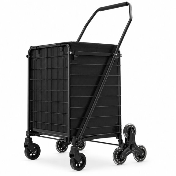 Folding Stair Climber Cart with Waterproof Bag, 140 lb Capacity Carbon Steel Grocery Cart, Black