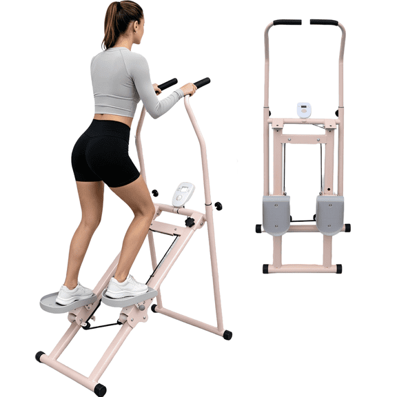 Folding Stair Stepper Climber Machine, Vertical Cardio Trainer with Adjustable Handlebar, LCD Monitor, 300 LB Capacity, Full Body Home Gym, Pink