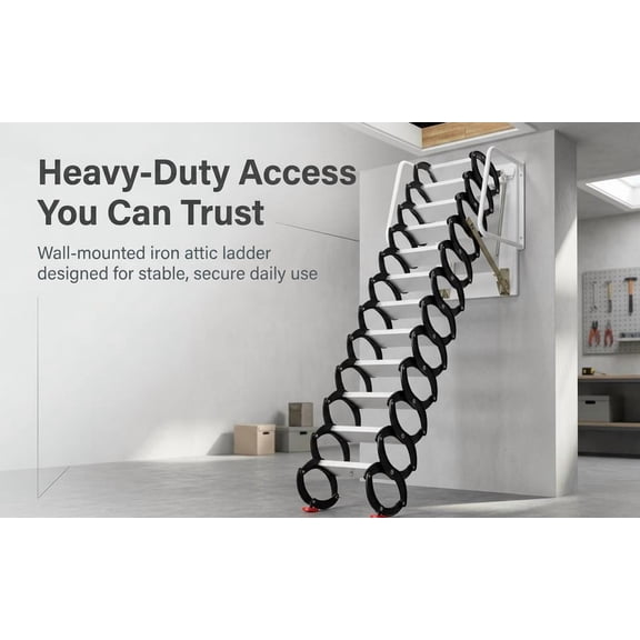 Folding Stairs Wall-Mounted Attic Ladder, Pull Down System 12 Steps Iron Retractable Loft Staircase for Indoor Garage