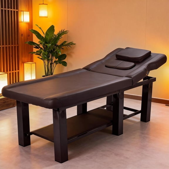 Folding Stationary Massage Table with Backrest and Storage Space, 6 Round Legs Metal Frame PU Leather, 27.56'' Wide × 72.8'' Long for Table Physical Therapy Table Spa Facial Bed