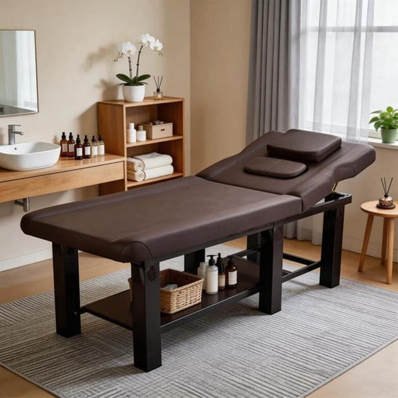 Folding Stationary Massage Table with Backrest and Storage Space for Table Physical Therapy Table Spa Facial Bed, 6 Round Legs Metal Frame PU Leather, 27.5'' Wide × 72.8'' Long