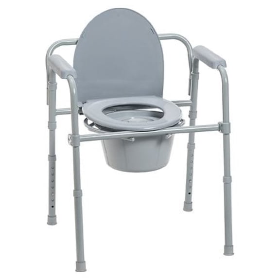 Folding Steel Bedside Commode with 7.5 Qt Bucket, 350 lb Capacity, Tool-Free Assembly