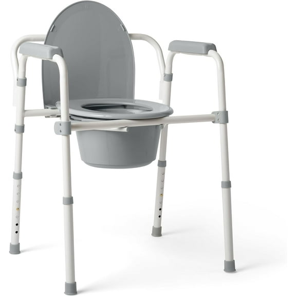 Folding Steel Bedside Commode with Removable Bucket, Tool-Free Assembly, Easy Clean, Gray Frame