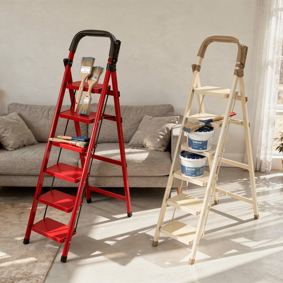Folding Step Ladder 330 Lbs Capacity, Durable Lightweight 6-Step Red Portable Step Stool, Heavy-Duty Anti-Slip Pedals, Sturdy Design for Home Garage Workshop, Robust Handrail