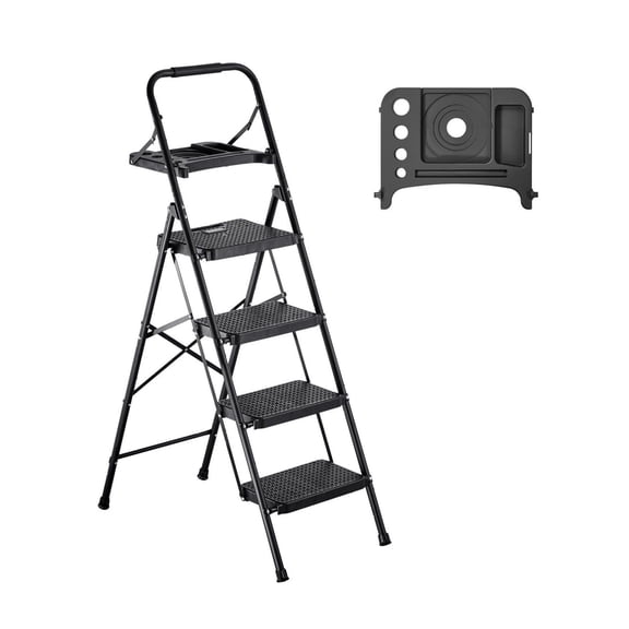 Folding Step Ladder - 4 Step Stool, 600lbs Capacity, Wide Anti-Slip Pedal, Tool Tray, Comfort Grip - Kitchen, Home, Office Use