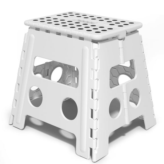 Folding Step Stool 13 Inch for Adults Holds Up to 300 lbs, Non-Slip Folding Stools with Portable Handle, Compact Plastic Foldable Step Stool for Bathroom, Bedroom, Kitchen, White