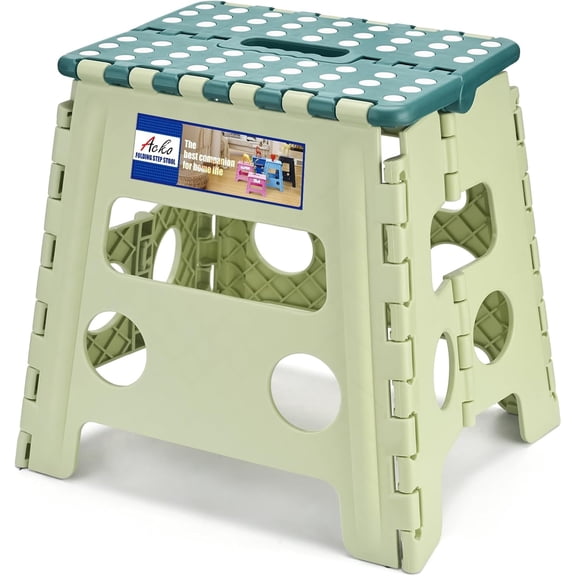 Folding Step Stool 13 Inch, Sturdy Collapsible Step Stool Foldable Up to 300 lbs for Adults, Non Slip Lightweight Foot Stools with Handle, Ideal for Kitchen, Bathroom, Bedroom, Garden, Green