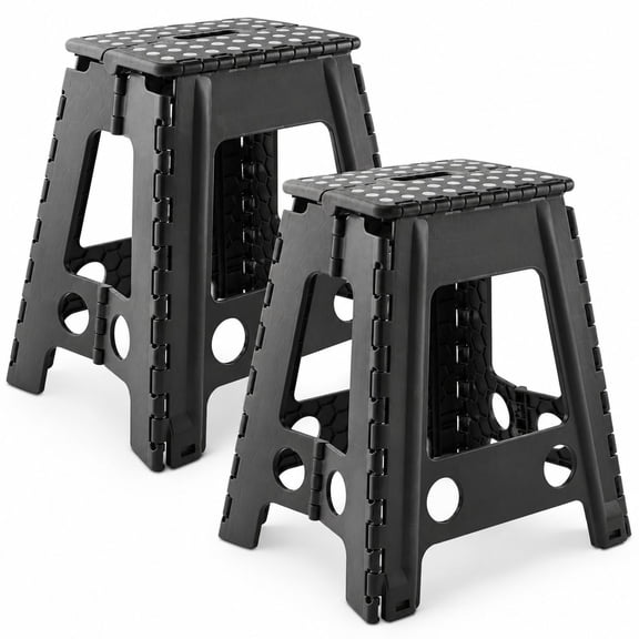 Folding Step Stool 18 Inch with Handle, Set of 2, Black - Portable Plastic Collapsible Foot Stool for Adults, Compact Step Stool for Kitchen Bathroom Bedroom