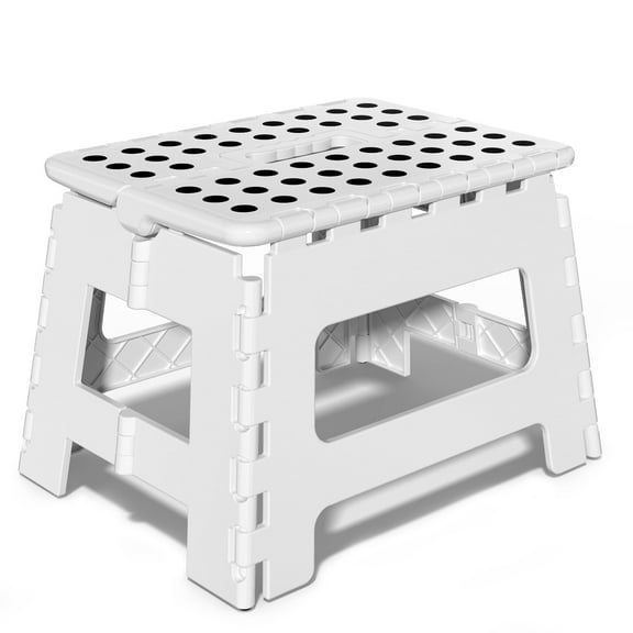 Folding Step Stool 9 Inch for Adults Holds Up to 300 lbs, Non-Slip Folding Stools with Portable Handle, Compact Plastic Foldable Step Stool for Bathroom, Bedroom, Kitchen, White