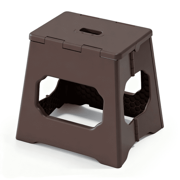 Folding Step Stool 13 Inch for Adults Holds Up to 300 lbs, Non-Slip Folding Stools with Portable Handle, Compact Plastic Foldable Step Stool for Bathroom, Bedroom, Kitchen, Brown