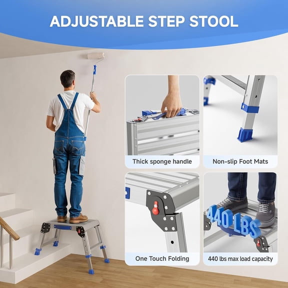 Folding Step Stool for Adults, Aluminum Work Platform Adjustable Height, Lightweight and Durable Portable Outdoor Aluminum Step Stool Foldable, Maximum Load Capacity of 440 Pounds.