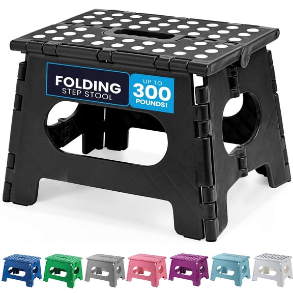 Folding Step Stool - Sturdy Enough Collapsible Stool to Support Adults and Safe Enough for - Opens Easy with One Flip - Great for Kitchen, Bathroom or Bedroom (Black - 9 Inch)