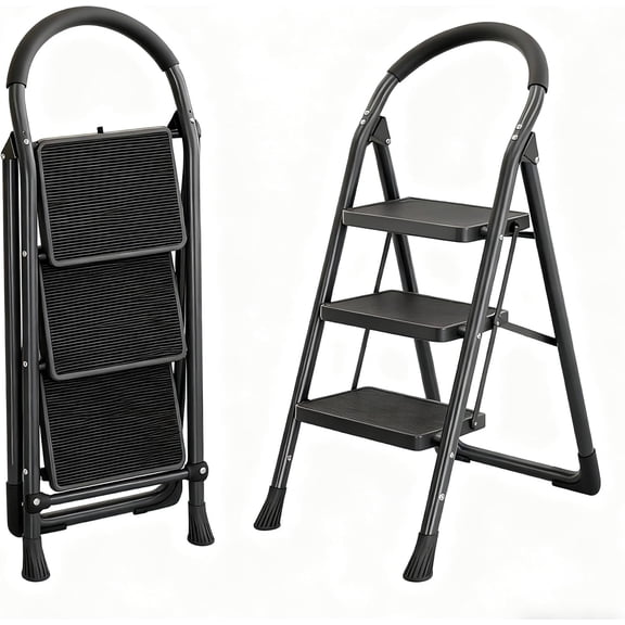 Folding Step Stool, Widened Step Board, Non-Slip Foot Pads and Anti-Slip Stripes. Constructed with a Thickened Carbon Steel Tube Frame, use in The Kitchen, Bathroom, Bedroom and Outdoors.