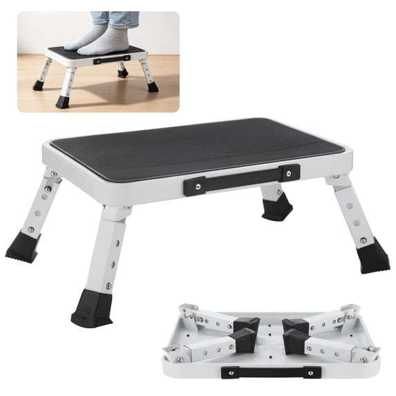 Adjustable Folding Step Stool, One Step Metal Ladder for RV Bathroom Bedroom, 265 Lbs Portable Platform with 3 Height Levels, Non-Slip Surface & Leg, Step Ladder for Office Home