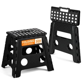 Folding Step Stool for Adults or Kids, 12.6" Non-Slip Folding Stool with Portable Handle, Holds up to 300 lbs, Plastic Foldable Step Stool for Bathroom, Bedroom, Kitchen, Black