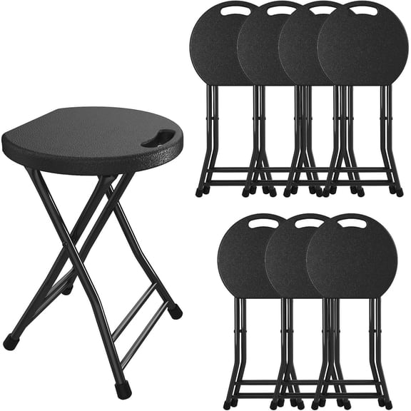 Folding Stool, 18-Inch Foldable Stool with Handle & Steel Frame, Pack of 8, 440 lbs Capacity, Black