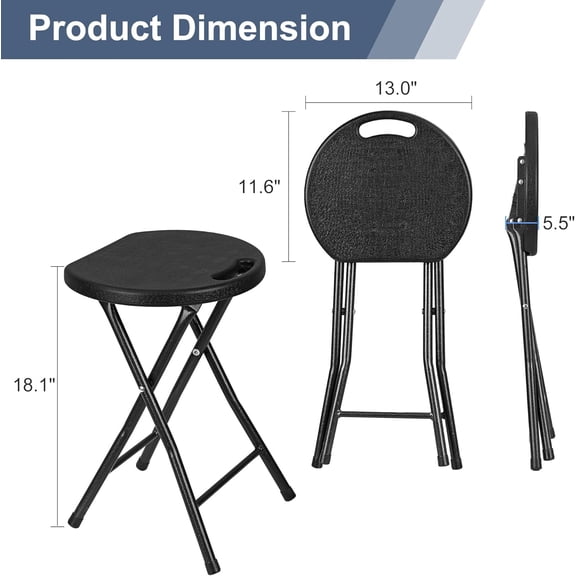 Folding Stool 18 Inch with Handle, Heavy Duty 500 lbs Capacity, Portable Lightweight Camp Chair for Outdoor Camping Kitchen Vanity Black