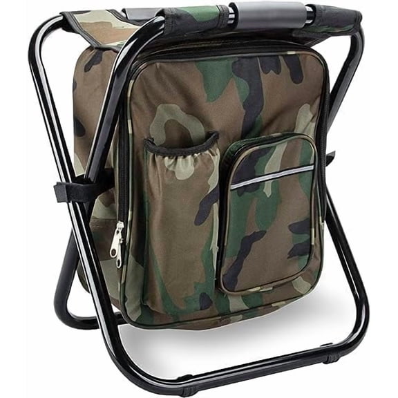 Folding Stool Backpack Insulated Cooler Bag, Collapsible Camping Hunting Fishing Multifunction Chair with Front Pocket and Bottle Pocket for Outdoor Events, Hiking, Travel, Beach
