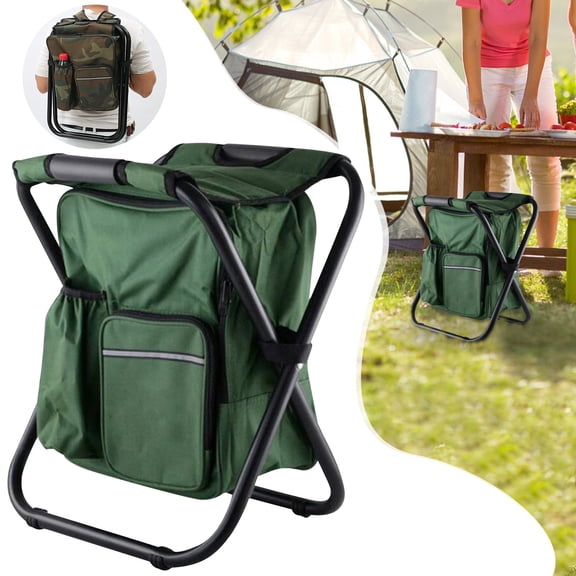 Folding Stool Backpack Insulated Cooler Bag, Collapsible Camping Hunting Fishing Multifunction Chair with Front Pocket and Bottle Pocket for Outdoor Events, Hiking, Travel, Beach, Army Green