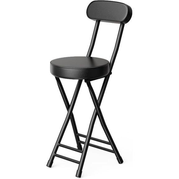 Cushioned Folding Bar Stool, 24-Inch Black Height Portable Chair with 300 lb Capacity, Steel Frame and PU Leather Seat