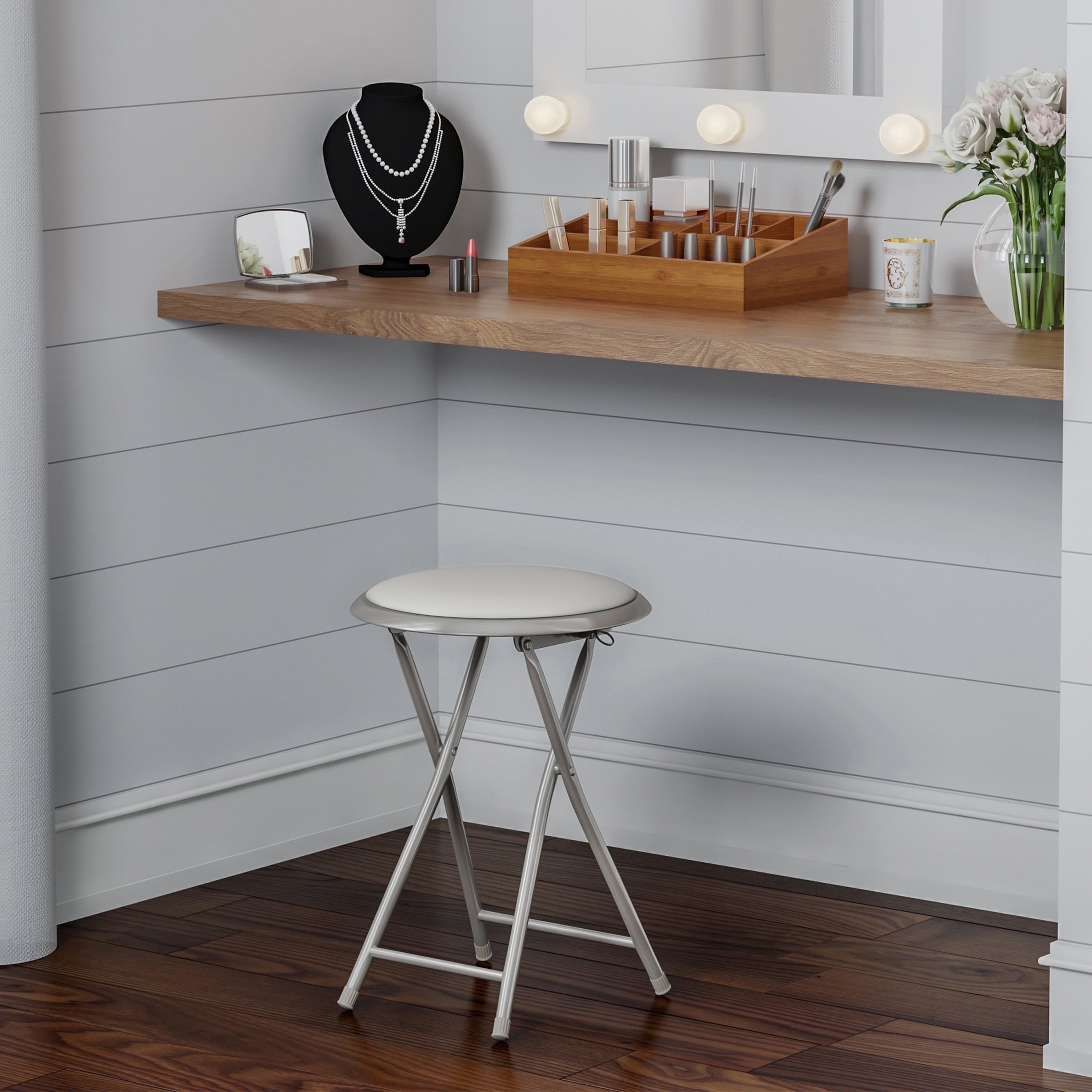 Compact White Metal Backless Folding Stool with Padded Seat