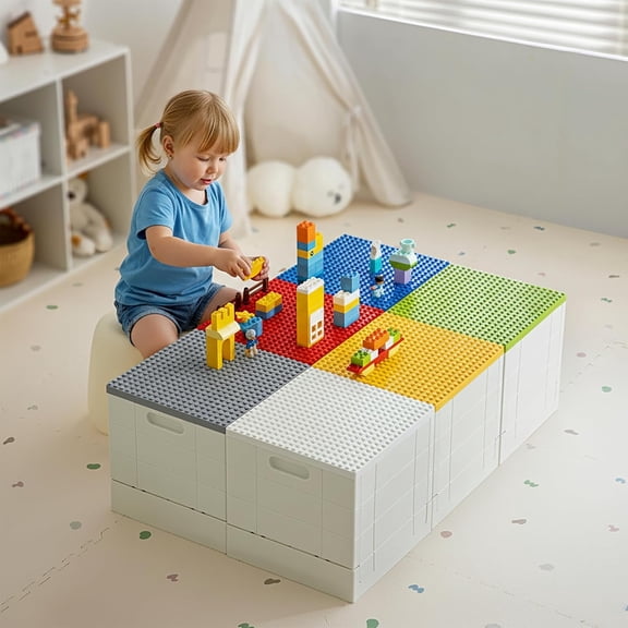 Folding Storage Box with Building Baseplate Lid, 26 Qt. Collapsible Toy Organizer for Duplo Blocks, 25L Bolck Bins for Intermediate Size Mega Bloks, Kids Bricks Storage Box, Yellow