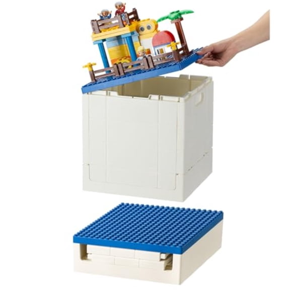Folding Storage Box with Building Lid for Duplo Blocks 26 Qt. Foldable Toy Container 25L Collapsible Storage Bin with Building Baseplate for Lego Bricks Blue