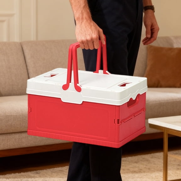 Folding Storage Box with Handle, Collapsible Plastic Organizer for Car Trunk Camping Picnic, Household Container(Watermelon Red)