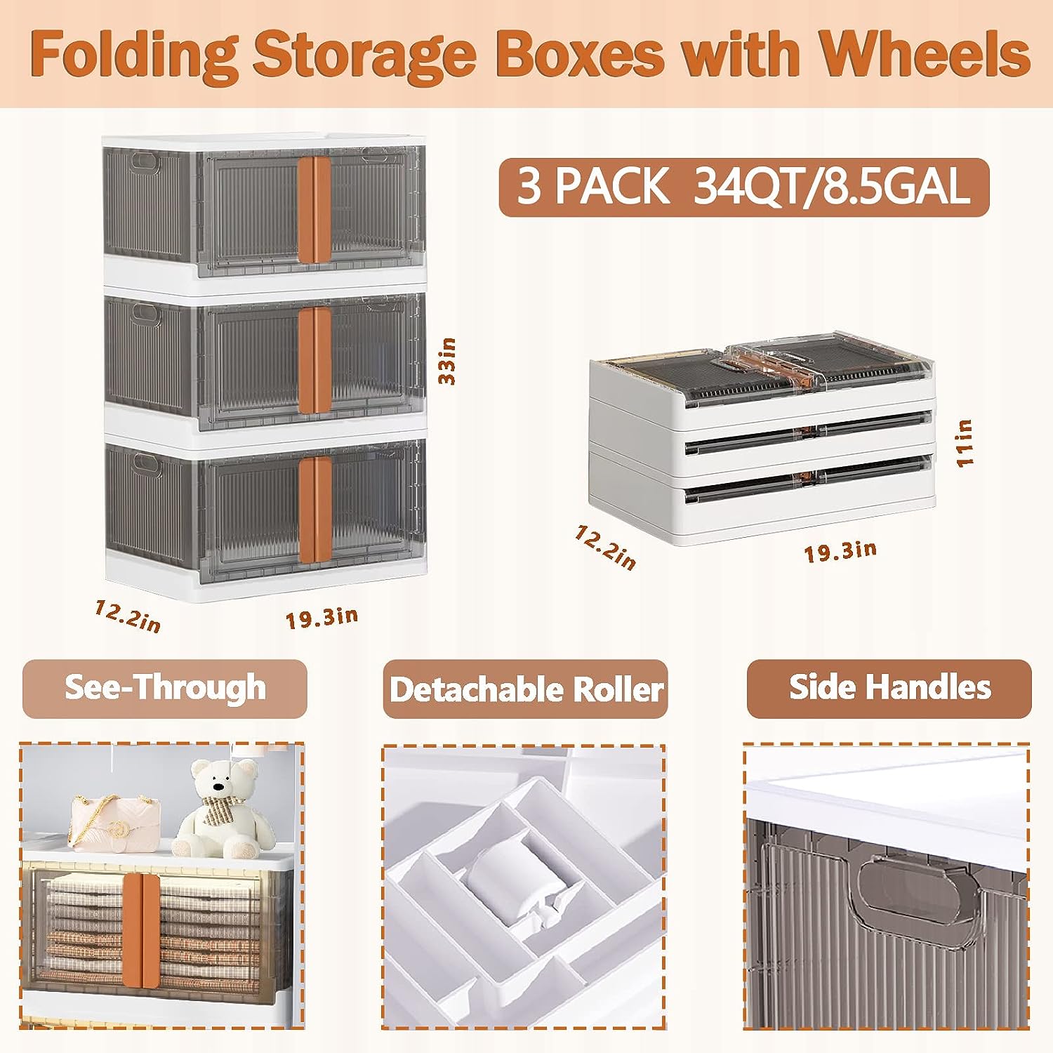 Folding Storage Boxes Set 3 Pack, 8.5 Gallon Collapsible Plastic
