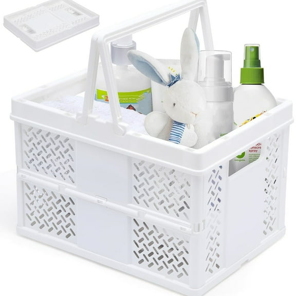 Folding Storage Crate for Desk Organizing,Drawer Organizer,Collapsible Stacking Crate with Handles,Durable Plastic Storage Basket for Home Kitchen Classroom Office Bedroom and Bathroom,White,9.5 in