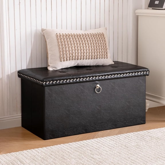 Folding Storage Ottoman Bench 30in, Leather Foot Rest Stools Ottoman with Storage, Coffee Table, End of Bed Bench Footstool for Living Room, Bedroom, Load 330 lb, 30x15x15 inches, Black