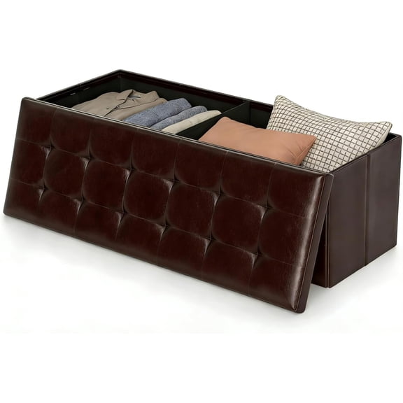 Folding Storage Ottoman Bench, 45" Large Ottoman Space-Saving Bench,Faux Leather Storage Chest with Memory Foam,Footrest Padded Stool Seat for Bedroom Toy Chest, Brown,Leather