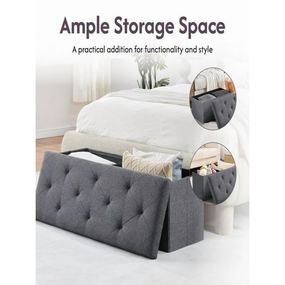 Folding Storage Ottoman Bench Foot Rest Storage Chest, End of Bed Bench with Divider for Living Room Bedroom Entryway, Load Capacity, Linen Fabric