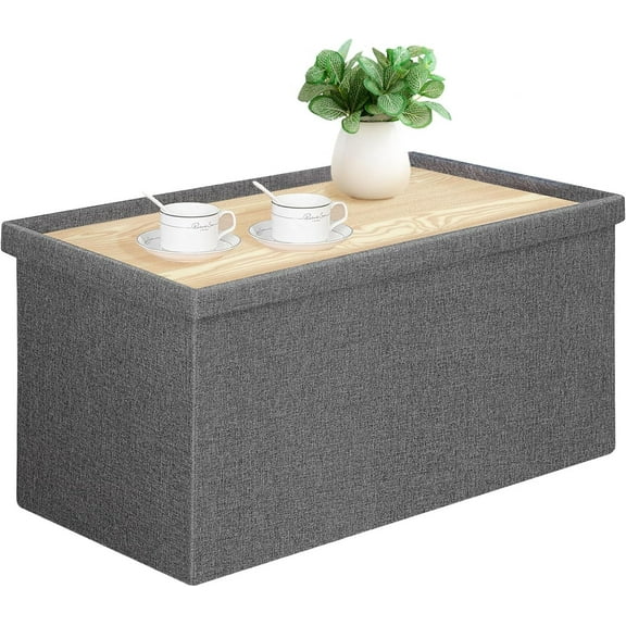 Folding Storage Ottoman Bench with Lid Tray, 30 inches Ottoman Coffee Table Grey Cube Chair Foot Rest Stool Storage Chest for Living Room Bedroom, Holds up to 550 lb