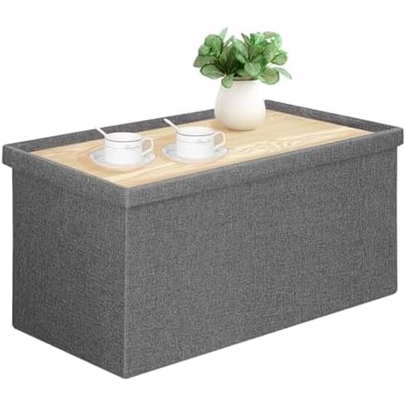 Folding Storage Ottoman Bench with Lid Tray, 30 inches Ottoman Coffee Table Grey Cube Chair Foot Rest Stool Storage Chest for Living Room Bedroom, Holds up to 550 lb